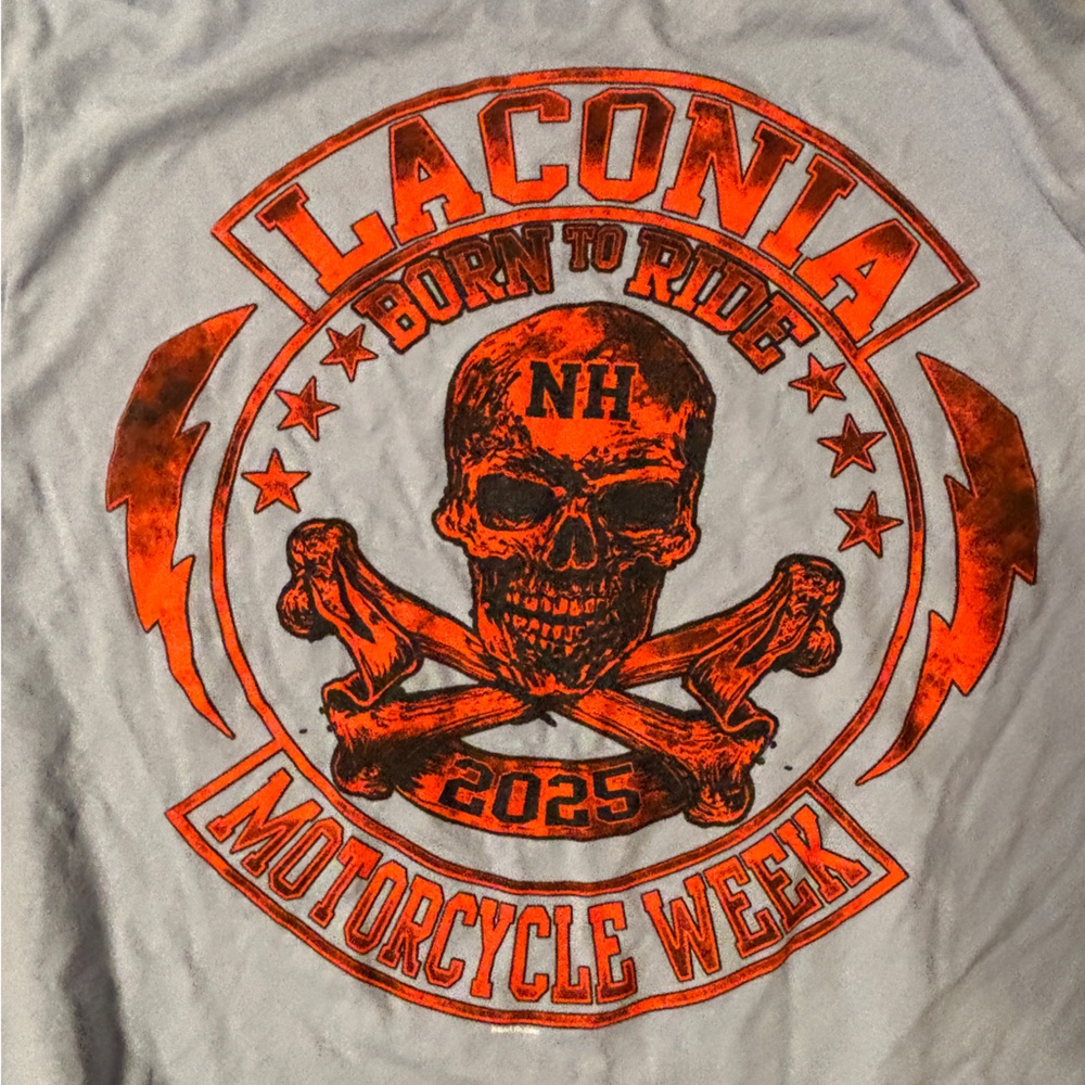 Laconia NH Bikeweek 2025 T shirt - baby blue with orange details - size L